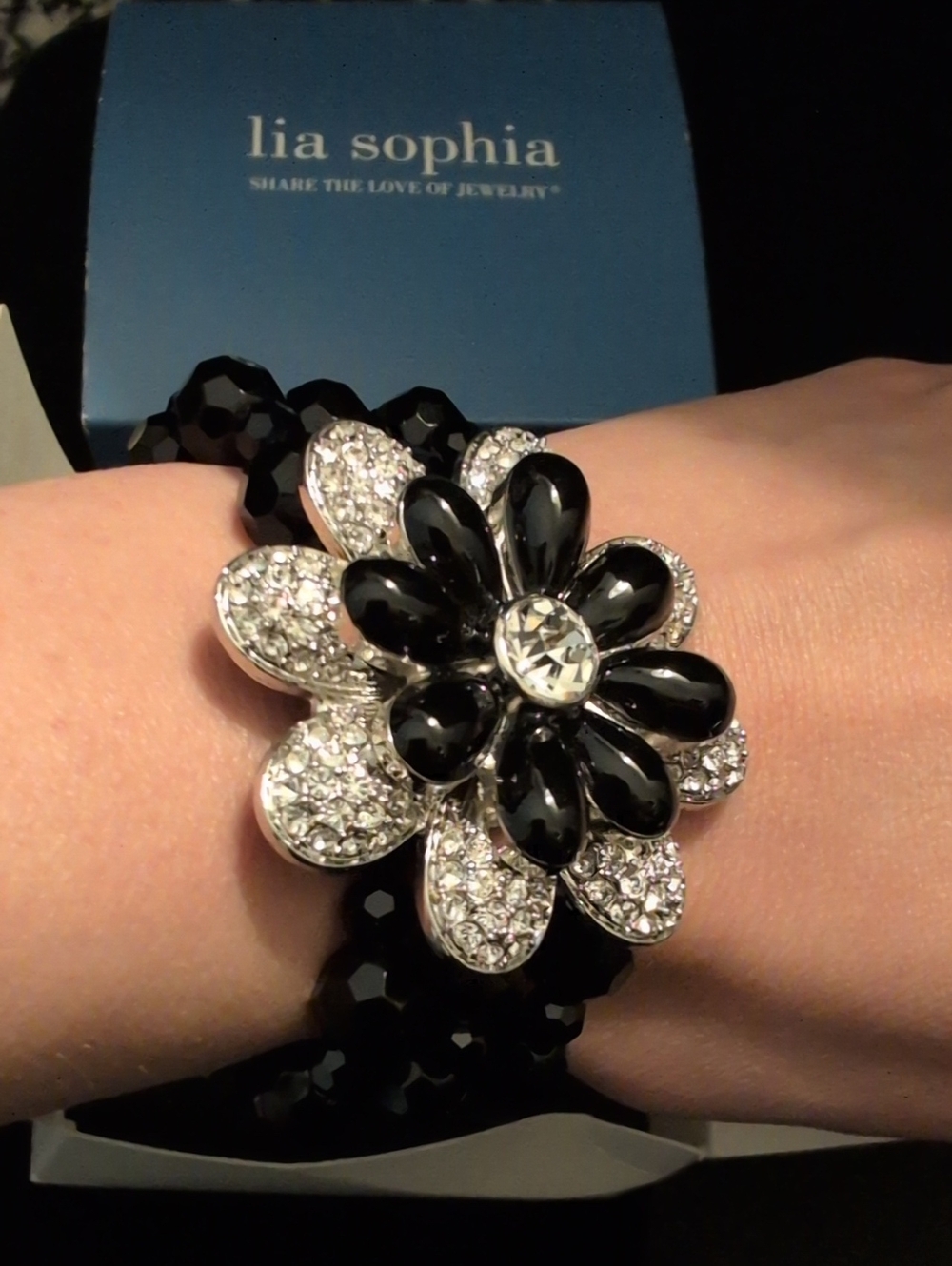 Lia Sophia Black and Silver Flower Stretch Bracelet